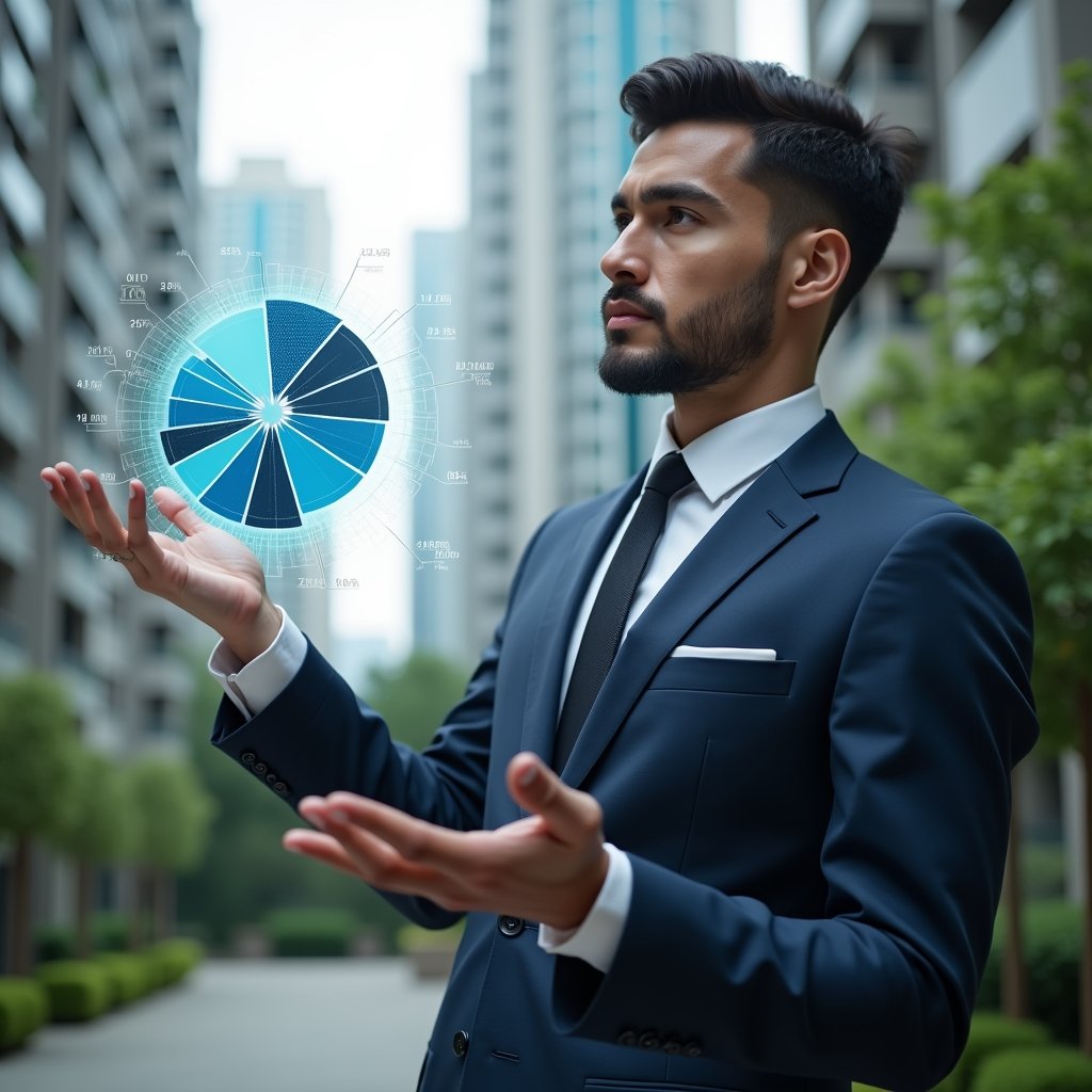 Ultra-realistic condominium manager in a tailored navy suit, set in a modern luxury condominium environment with high-rise buildings and manicured green landscaping, analyzing a holographic 3D pie chart representing unit shares mid-air, confident and focused expression, digital fractional icons floating around, cinematic lighting, shallow depth of field, highly detailed textures, realistic skin, photographic realism, 8k resolution --ar 1:1 --v 6