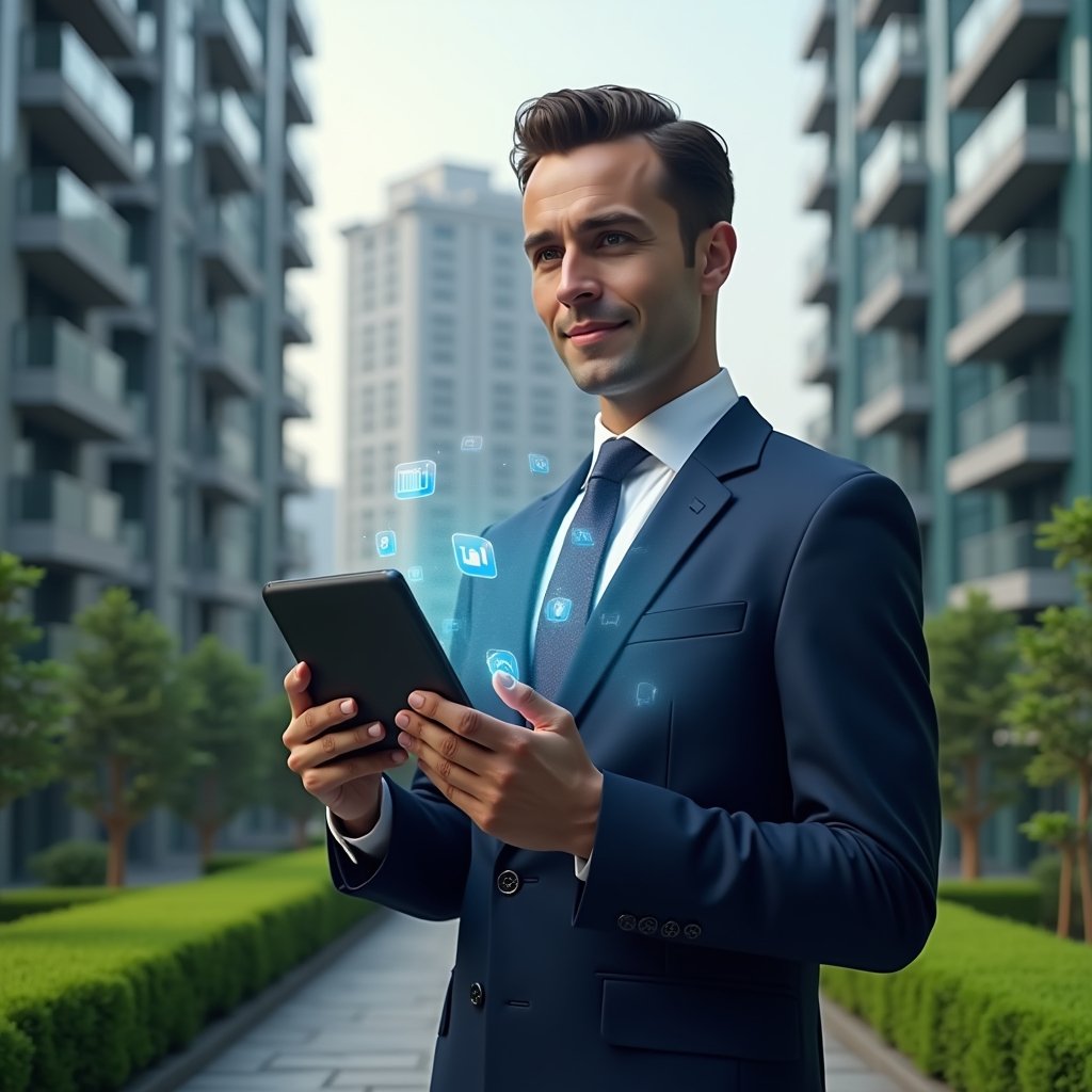 (Ultra-realistic condominium manager in a navy blue executive suit, set in a modern luxury condominium environment with high-rise buildings and meticulously manicured green landscaping, holding a tablet displaying a holographic error checklist and floating app icons, looking focused and confident, cinematic lighting, shallow depth of field, highly detailed textures, realistic skin, photographic realism, 8k resolution --ar 1:1 --v 6)