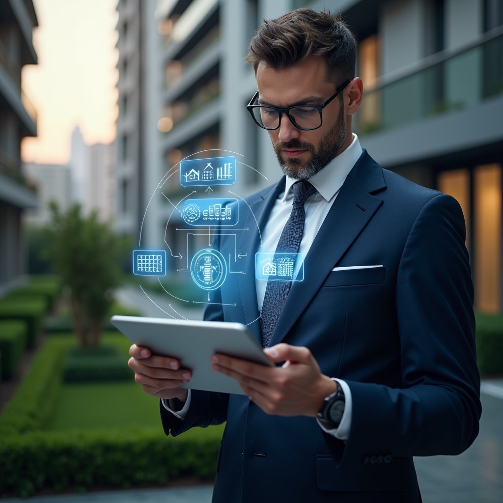 Ultra-realistic condominium manager in a tailored navy suit, set in a modern luxury condominium environment with high-rise buildings and manicured green landscaping, holding a tablet displaying holographic icons for finance, messaging, scheduling, and analytics, confidently analyzing the digital interface, subtle holographic overlay of graphs and booking calendars hovering beside them, cinematic lighting, shallow depth of field, highly detailed textures, realistic skin, photographic realism, 8k resolution --ar 1:1 --v 6