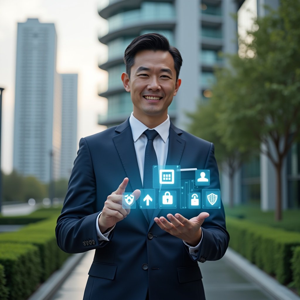 Ultra-realistic condominium manager in a tailored navy suit, set in a modern luxury condominium environment with high-rise buildings and manicured green landscaping, interacting with a floating holographic interface displaying seven app icons (finance, calendar, chat, booking, security, voting, analytics), confident and focused expression, cinematic lighting, shallow depth of field, highly detailed textures, realistic skin, photographic realism, 8k resolution --ar 1:1 --v 6