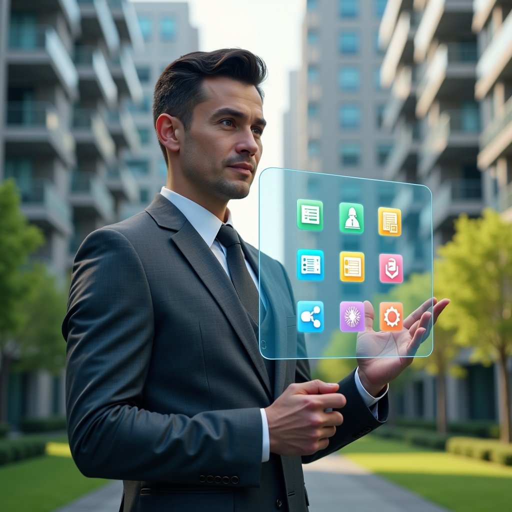(Ultra-realistic property manager in a charcoal gray suit, set in a modern luxury condominium environment with high-rise buildings and manicured green landscaping, holding a translucent holographic interface displaying seven colorful icons representing visitor control, financial management, communication, area reservations, maintenance tasks, analytics reports, and digital documents, confident expression, cinematic lighting, shallow depth of field, highly detailed textures, realistic skin, photographic realism, 8k resolution --ar 1:1 --v 6)