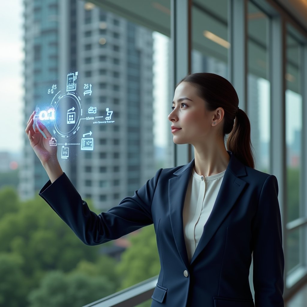 Ultra-realistic condominium manager in a navy suit, set in a modern luxury condominium environment with high-rise buildings and green landscaping, interacting with a holographic interface displaying icons of communication, finance, visitor control, space booking, maintenance and voting, confident and focused expression, cinematic lighting, shallow depth of field, highly detailed textures, realistic skin, photographic realism, 8k resolution --ar 1:1 --v 6