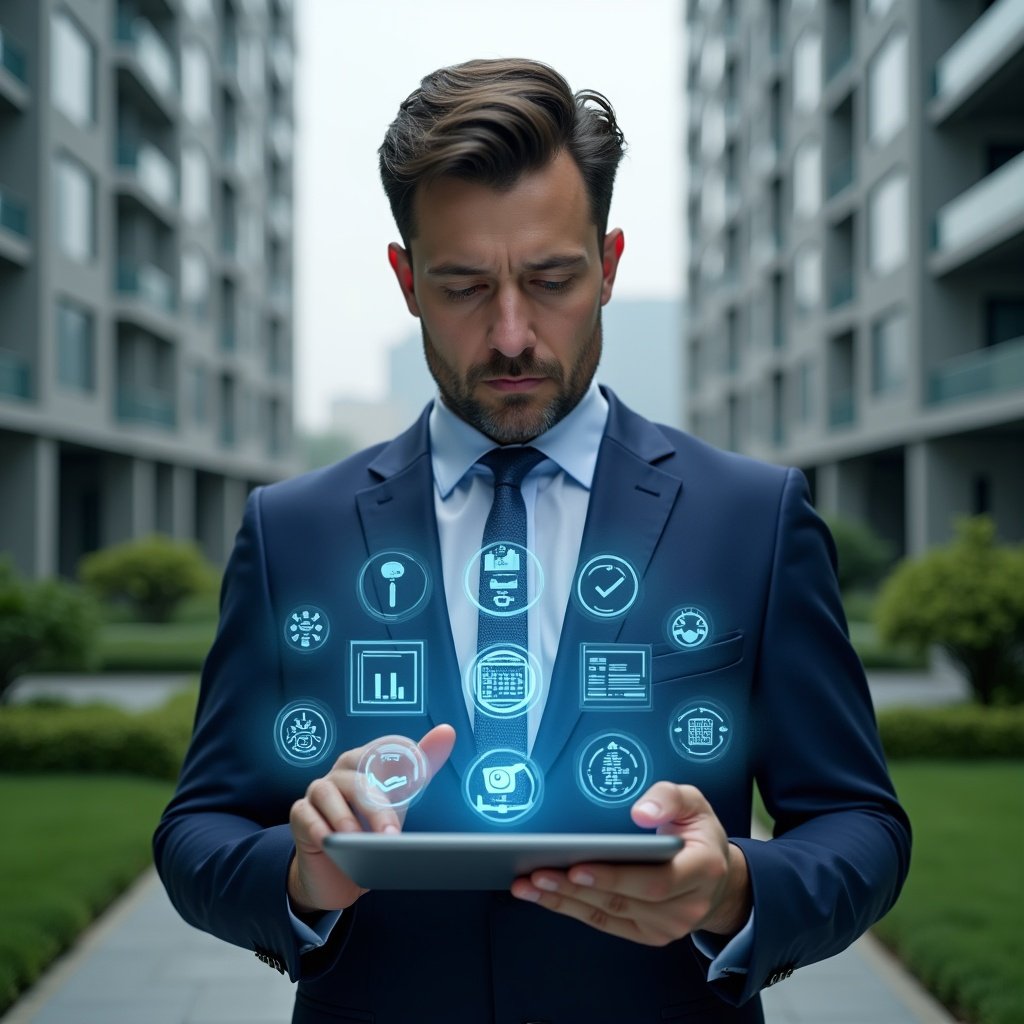 Ultra-realistic condominium manager in a navy blue executive suit, set in a modern luxury condominium environment with high-rise buildings and manicured green landscaping, holding a tablet displaying holographic icons of finance charts, security cameras, booking calendars, maintenance tools and voting checkboxes, confidently analyzing the digital interface, cinematic lighting, shallow depth of field, highly detailed textures, realistic skin, photographic realism, 8k resolution --ar 1:1 --v 6
