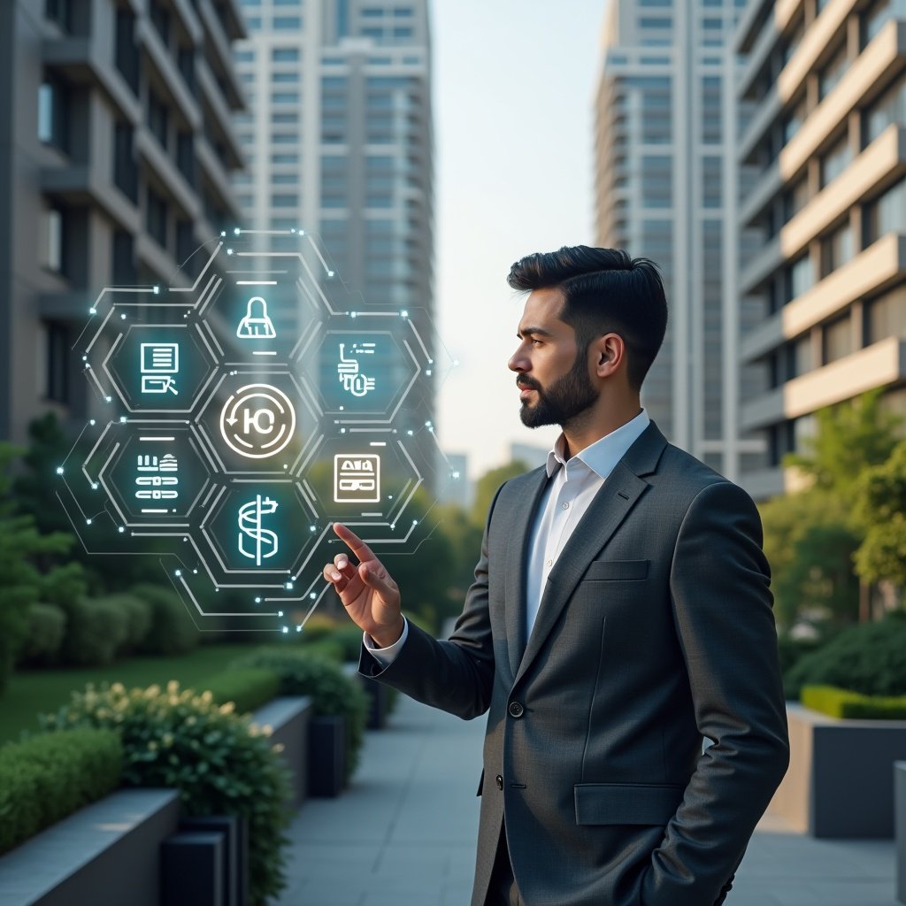 Ultra-realistic condominium property manager in a charcoal gray executive suit, set in a modern luxury condominium environment with high-rise buildings and lush landscaping, confidently interacting with a floating holographic interface displaying icons for finances, communication, access control, maintenance, reservations, reports and integrations, cinematic lighting, shallow depth of field, highly detailed textures, realistic skin, photographic realism, 8k resolution --ar 1:1 --v 6