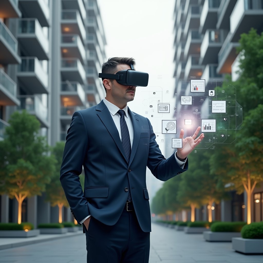 (Ultra-realistic property manager in a tailored navy suit, set in a modern luxury condominium environment with high-rise buildings and manicured green landscaping, mid-shot of him confidently interacting with floating holographic icons representing financial charts, chat bubbles, calendar booking, maintenance tools, performance graphs and security cameras, cinematic lighting, shallow depth of field, highly detailed textures, realistic skin, photographic realism, 8k resolution --ar 1:1 --v 6)