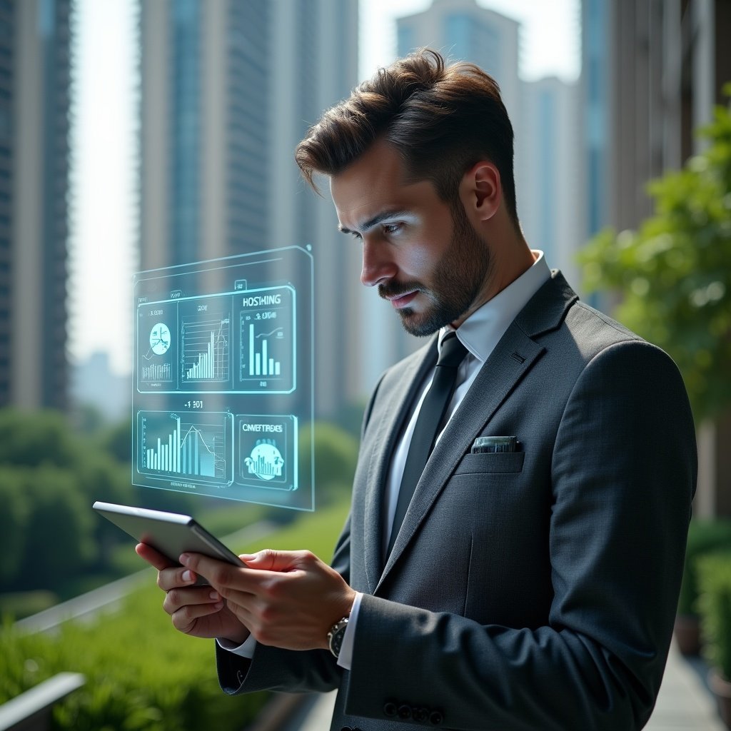 (Ultra-realistic condominium manager in a charcoal gray executive suit, set in a modern luxury condominium environment with high-rise buildings and lush green landscaping, examining holographic financial charts projected from a tablet with floating icons of graphs and indicators, confident and focused expression, cinematic lighting, shallow depth of field, highly detailed textures, realistic skin, photographic realism, 8k resolution --ar 1:1 --v 6)