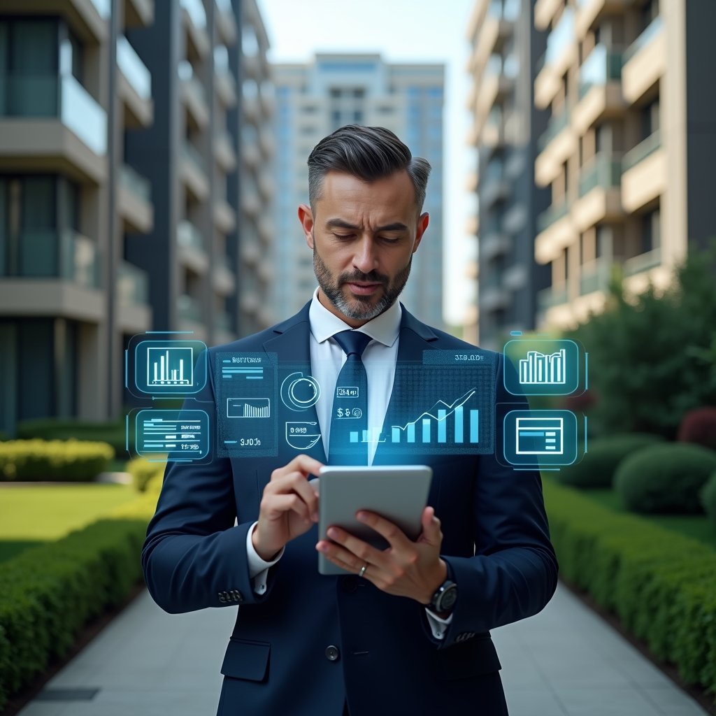 (Ultra-realistic condominium manager in a tailored navy suit, set in a modern luxury condominium environment with high-rise buildings and manicured green landscaping, holding a tablet displaying holographic financial charts and icons, confidently analyzing automated reports and approvals, futuristic holographic interface elements floating around, cinematic lighting, shallow depth of field, highly detailed textures, realistic skin, photographic realism, 8k resolution --ar 1:1 --v 6)