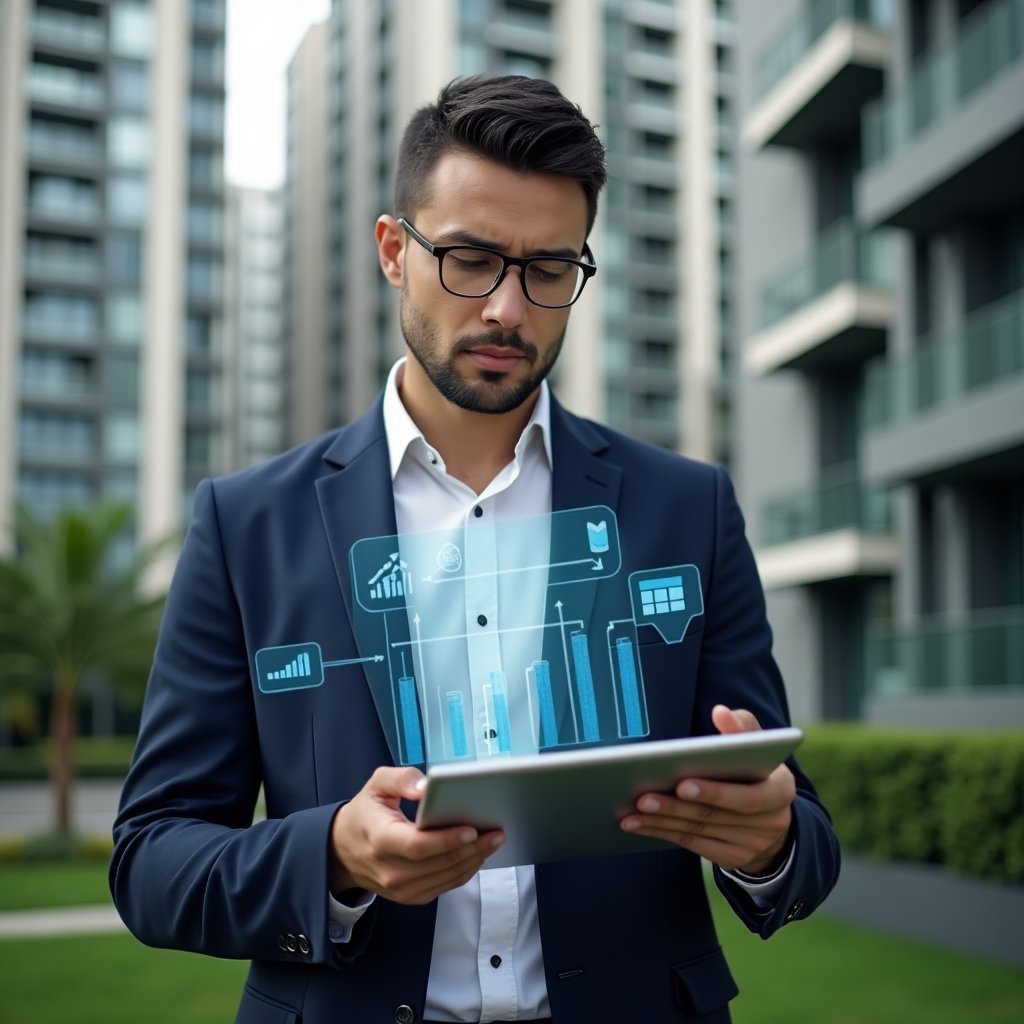 Ultra-realistic condominium manager in a navy blazer and crisp white shirt, set in a modern luxury condominium environment with high-rise buildings and lush green landscaping, analyzing a holographic financial report with floating spreadsheet icons, holding a sleek tablet displaying expense graphs, confident and focused expression, cinematic lighting, shallow depth of field, highly detailed textures, realistic skin, photographic realism, 8k resolution --ar 1:1 --v 6