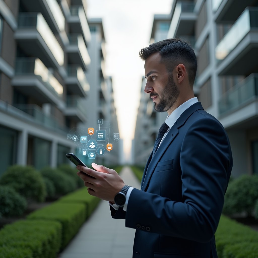 (Ultra-realistic condominium manager in a tailored navy suit, set in a modern luxury condominium environment with high-rise buildings and manicured green landscaping, holding a smartphone displaying holographic icons for messaging, security cameras, and scheduling, confidently tapping the screen to illustrate mobile management advantages, cinematic lighting, shallow depth of field, highly detailed textures, realistic skin, photographic realism, 8k resolution --ar 1:1 --v 6)