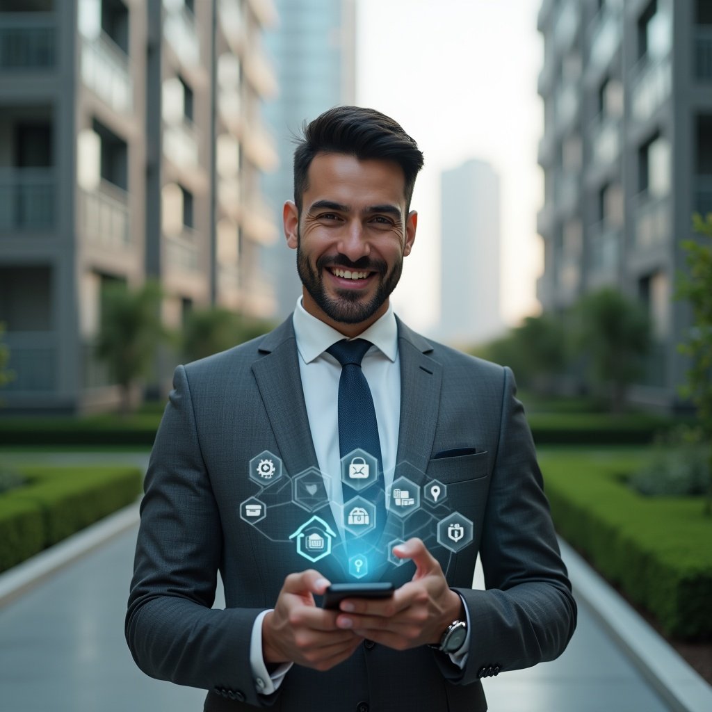 (Ultra-realistic condominium manager in a charcoal gray executive suit, set in a modern luxury condominium environment with high-rise buildings and manicured green landscaping, holding a smartphone displaying floating holographic icons for communication, finance, and security, confident and engaged expression, cinematic lighting, shallow depth of field, highly detailed textures, realistic skin, photographic realism, 8k resolution --ar 1:1 --v 6)
