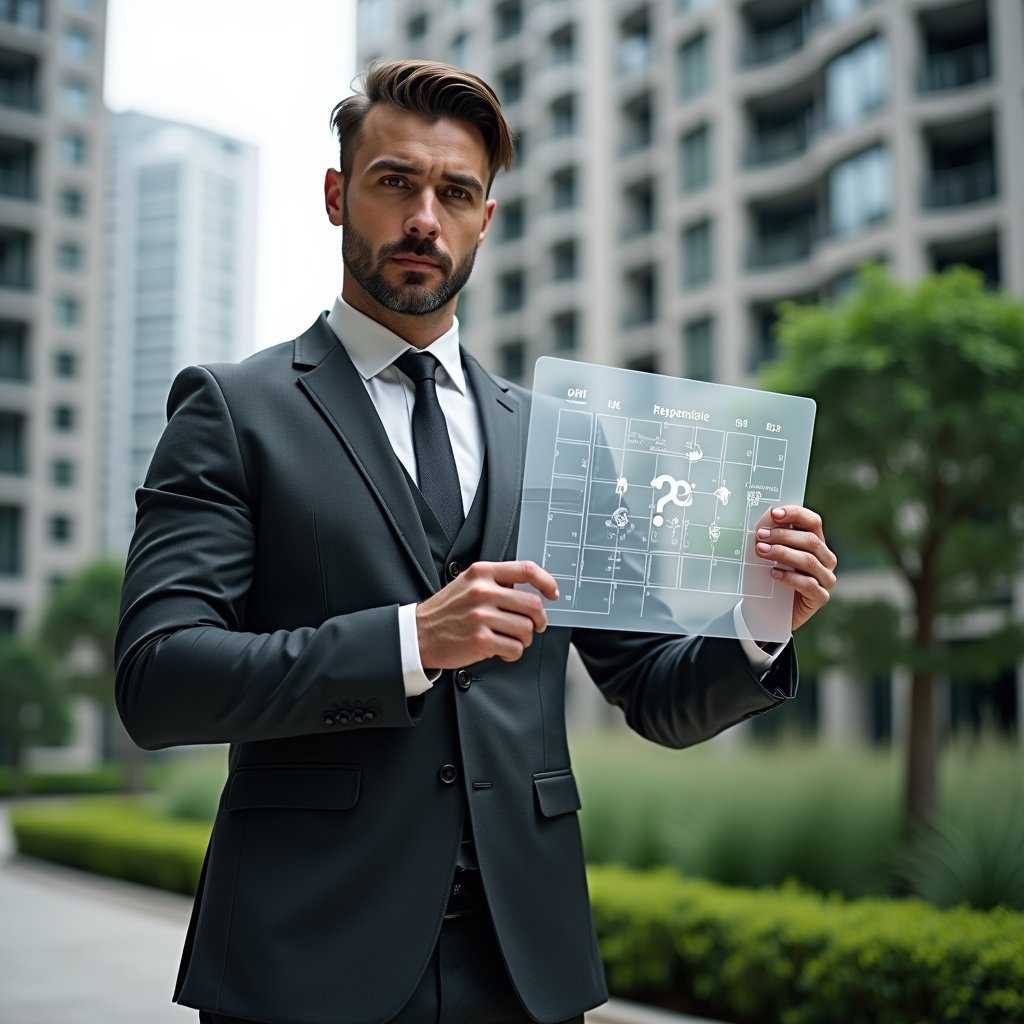 (Ultra-realistic condominium manager in a charcoal gray tailored suit, set in a modern luxury condominium environment with high-rise buildings and manicured green landscaping, holding and interacting with a translucent holographic calendar schedule displaying tasks, deadlines and responsible icons, confident and focused expression, cinematic lighting, shallow depth of field, highly detailed textures, realistic skin, photographic realism, 8k resolution --ar 1:1 --v 6)
