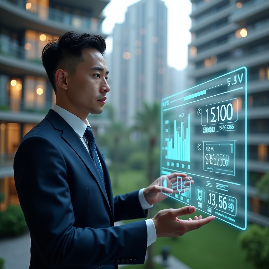 Ultra-realistic condominium manager in a dark blue tailored suit, set in a modern luxury condominium environment with high-rise buildings and manicured green landscaping, analyzing a holographic financial dashboard projecting cost-saving graphs and currency icons, confident and focused expression, cinematic lighting, shallow depth of field, highly detailed textures, realistic skin, photographic realism, 8k resolution --ar 1:1 --v 6