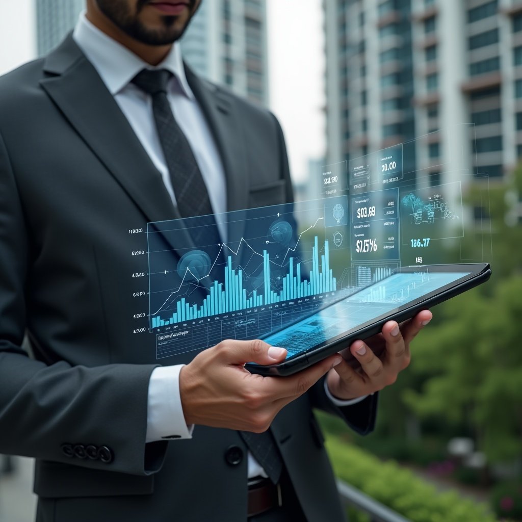 (Ultra-realistic condominium manager in a charcoal gray executive suit, set in a modern luxury condominium environment with high-rise buildings and lush green landscaping, medium shot close-up, holding a tablet displaying holographic financial charts and spreadsheets, confidently analyzing data to optimize account reporting, subtle financial icons floating around, cinematic lighting, shallow depth of field, highly detailed textures, realistic skin, photographic realism, 8k resolution --ar 1:1 --v 6)