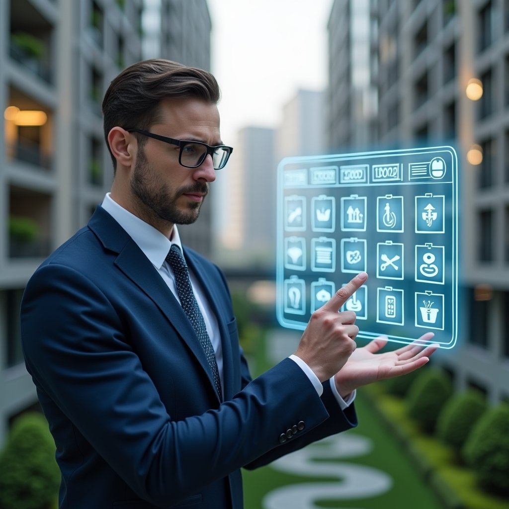 (Ultra-realistic condominium manager in a navy blue suit, set in a modern luxury condominium environment with high-rise buildings and manicured green landscaping, confidently pointing at a floating holographic calendar displaying eight highlighted activity steps, surrounded by icons of maintenance tools and event symbols, cinematic lighting, shallow depth of field, highly detailed textures, realistic skin, photographic realism, 8k resolution --ar 1:1 --v 6)