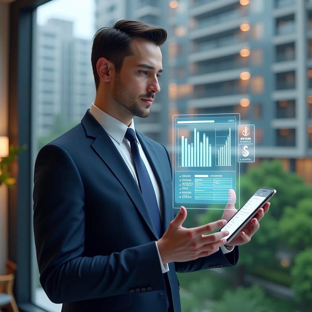 (Ultra-realistic condominium manager in a navy blue suit, set in a modern luxury condominium environment with high-rise buildings and lush green landscaping, interacting with a holographic expense approval interface displaying charts and notifications, confident and focused expression, cinematic lighting, shallow depth of field, highly detailed textures, realistic skin, photographic realism, 8k resolution --ar 1:1 --v 6)