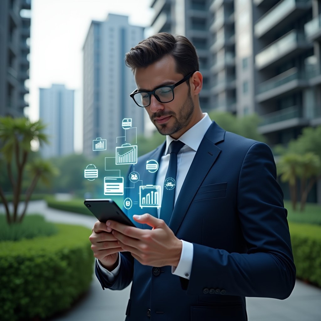 Ultra-realistic condominium manager in a navy business suit, set in a modern luxury condominium environment with high-rise buildings and lush green landscaping, looking at a glowing smartphone with a holographic app interface hovering above the screen, confident and engaged expression, floating icons of financial charts, reservation calendars and notification alerts symbolizing the management app, cinematic lighting, shallow depth of field, highly detailed textures, realistic skin, photographic realism, 8k resolution --ar 1:1 --v 6