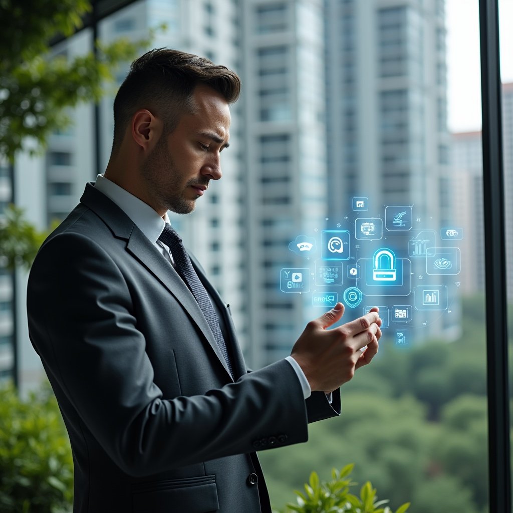 Ultra-realistic condominium manager in a charcoal gray suit, set in a modern luxury condominium environment with high-rise buildings and lush green landscaping, reviewing a floating holographic interface displaying chat icons, real-time graphs and remote access controls, confident and focused expression, cinematic lighting, shallow depth of field, highly detailed textures, realistic skin, photographic realism, 8k resolution --ar 1:1 --v 6