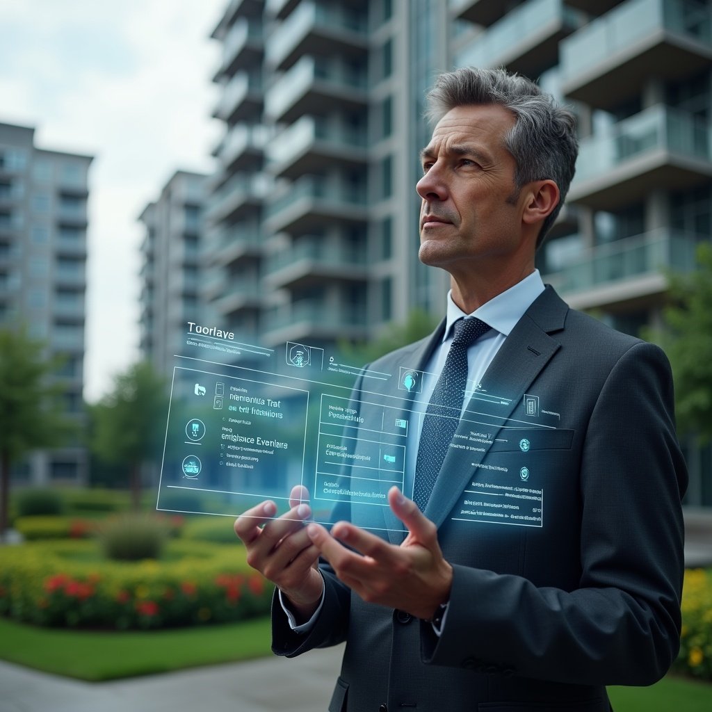 (Ultra-realistic condominium manager in a dark gray executive suit, set in a modern luxury condominium environment with high-rise buildings and manicured green landscaping, medium shot holding a transparent holographic digital schedule with floating calendar and task icons, confidently analyzing maintenance and event timelines, cinematic lighting, shallow depth of field, highly detailed textures, realistic skin, photographic realism, 8k resolution --ar 1:1 --v 6)