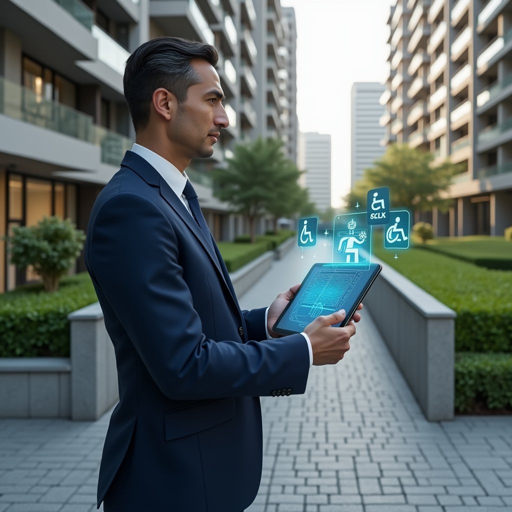Ultra-realistic condominium manager in a navy blue suit, set in a modern luxury condominium environment with high-rise buildings and manicured green landscaping, holding a tablet displaying a holographic ramp and accessibility icons, standing beside a wheelchair-accessible ramp with tactile paving, confident and thoughtful expression, cinematic lighting, shallow depth of field, highly detailed textures, realistic skin, photographic realism, 8k resolution --ar 1:1 --v 6