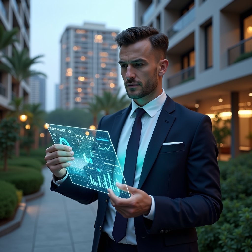 Ultra-realistic condominium manager in a dark navy suit, set in a modern luxury condominium environment with high-rise buildings and manicured gardens, reviewing a transparent holographic financial report with glowing charts, confident and focused expression, cinematic lighting, shallow depth of field, highly detailed textures, realistic skin, photographic realism, 8k resolution --ar 1:1 --v 6
