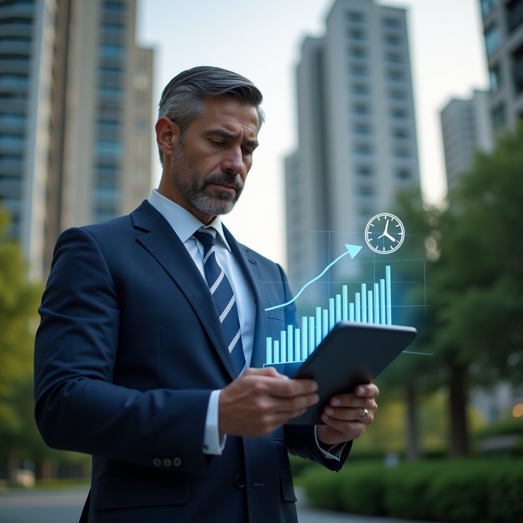 Ultra-realistic condo manager in a tailored navy suit, set in a modern luxury condominium environment with high-rise buildings and meticulously landscaped greenery, examining a holographic financial chart projected from a tablet, subtle clock icon overlay indicating deadlines, confident and focused expression, cinematic lighting, shallow depth of field, highly detailed textures, realistic skin, photographic realism, 8k resolution --ar 1:1 --v 6