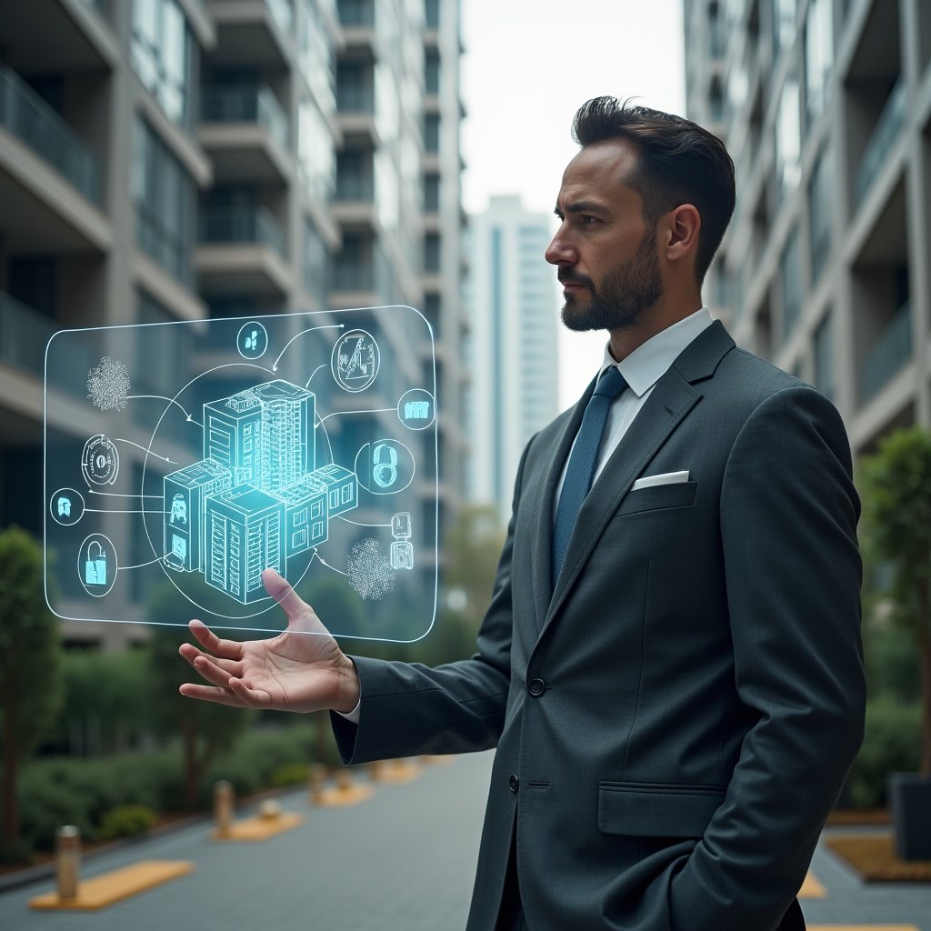 Ultra-realistic condominium manager in a charcoal gray tailored suit, set in a modern luxury condominium environment with high-rise buildings and meticulously landscaped gardens, confidently interacting with a floating holographic interface displaying building layouts and IoT icons, futuristic hologram of a smart lock and energy sensor beside them, cinematic lighting, shallow depth of field, highly detailed textures, realistic skin, photographic realism, 8k resolution --ar 1:1 --v 6