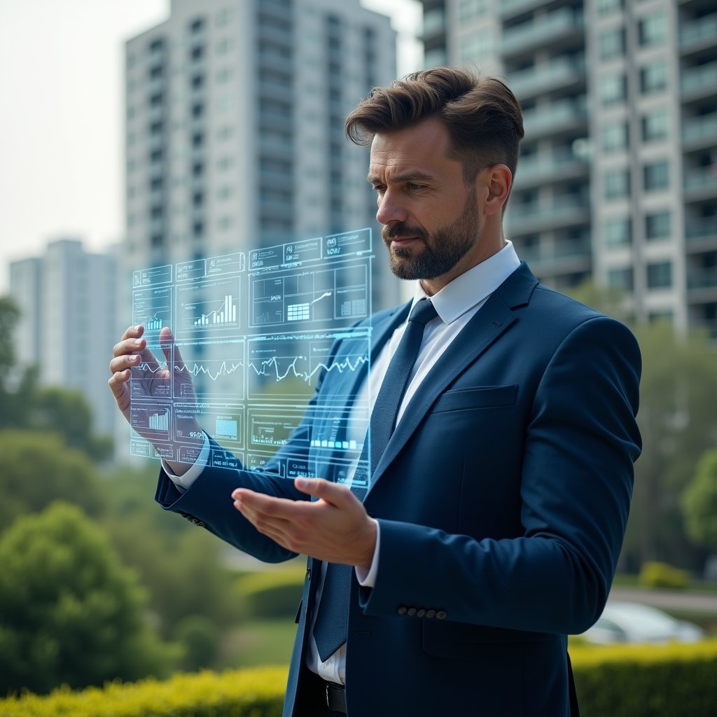 (Ultra-realistic condominium manager in a navy blue tailored suit, set in a modern luxury condominium environment with high-rise buildings and manicured green landscaping, holding and analyzing a floating holographic dashboard displaying mobile app icons and financial graphs, confident and focused expression, cinematic lighting, shallow depth of field, highly detailed textures, realistic skin, photographic realism, 8k resolution --ar 1:1 --v 6)