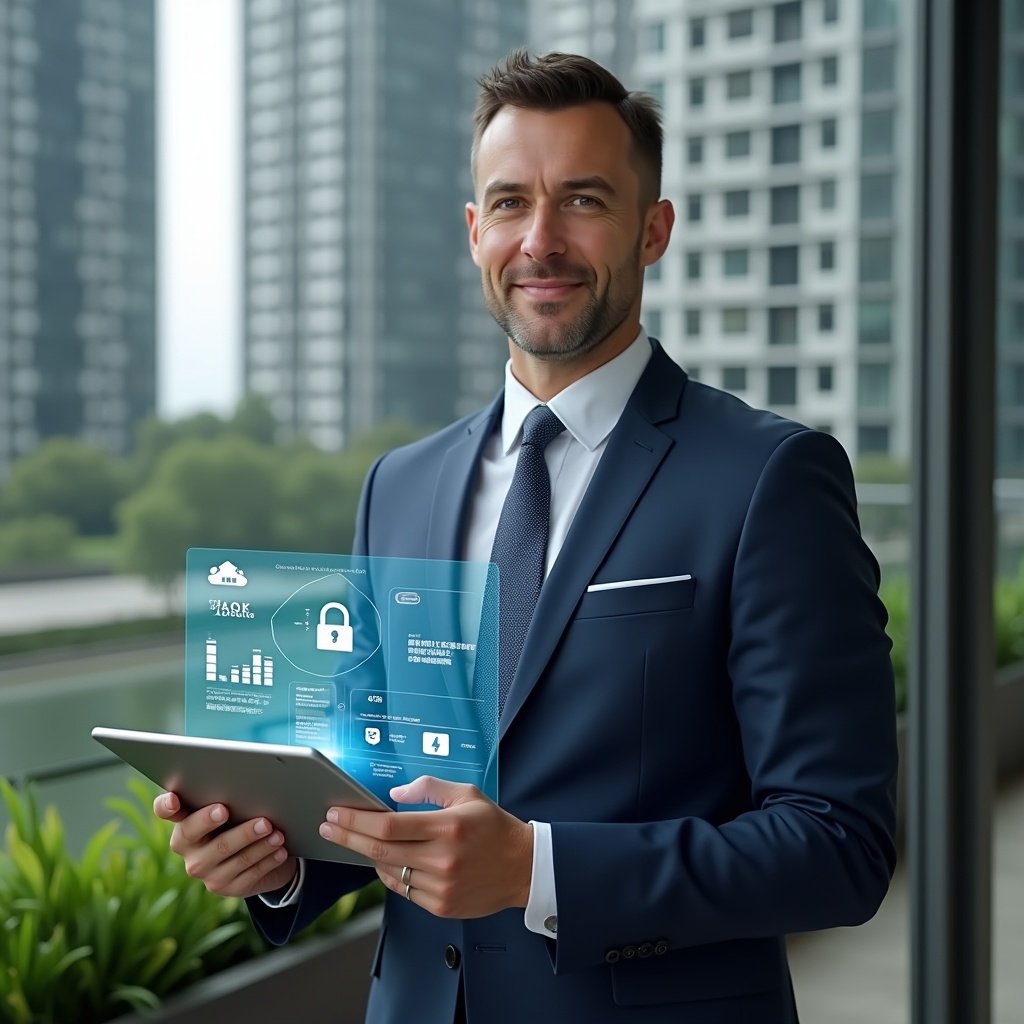 Ultra-realistic condominium manager in a navy suit, set in a modern luxury condominium environment with high-rise buildings and green landscaping, holding a tablet with a holographic interface displaying charts, messages, and security icons to illustrate digital management advantages, confident expression, cinematic lighting, shallow depth of field, highly detailed textures, realistic skin, photographic realism, 8k resolution --ar 1:1 --v 6