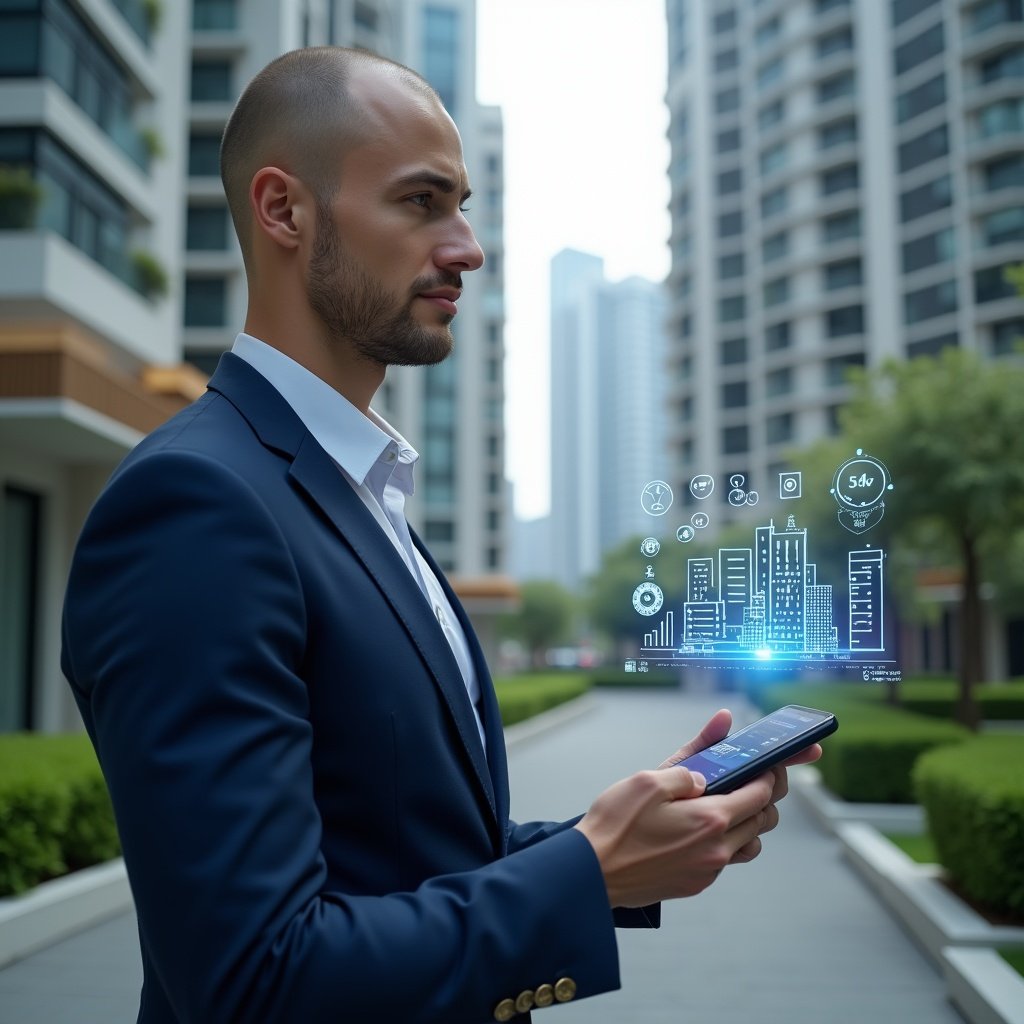 (Ultra-realistic condominium manager in a navy blue business suit, set in a modern luxury condominium environment with high-rise buildings and manicured green landscaping, confidently interacting with a floating holographic dashboard displaying building icons, charts, and a smartphone interface, cinematic lighting, shallow depth of field, highly detailed textures, realistic skin, photographic realism, 8k resolution --ar 1:1 --v 6)