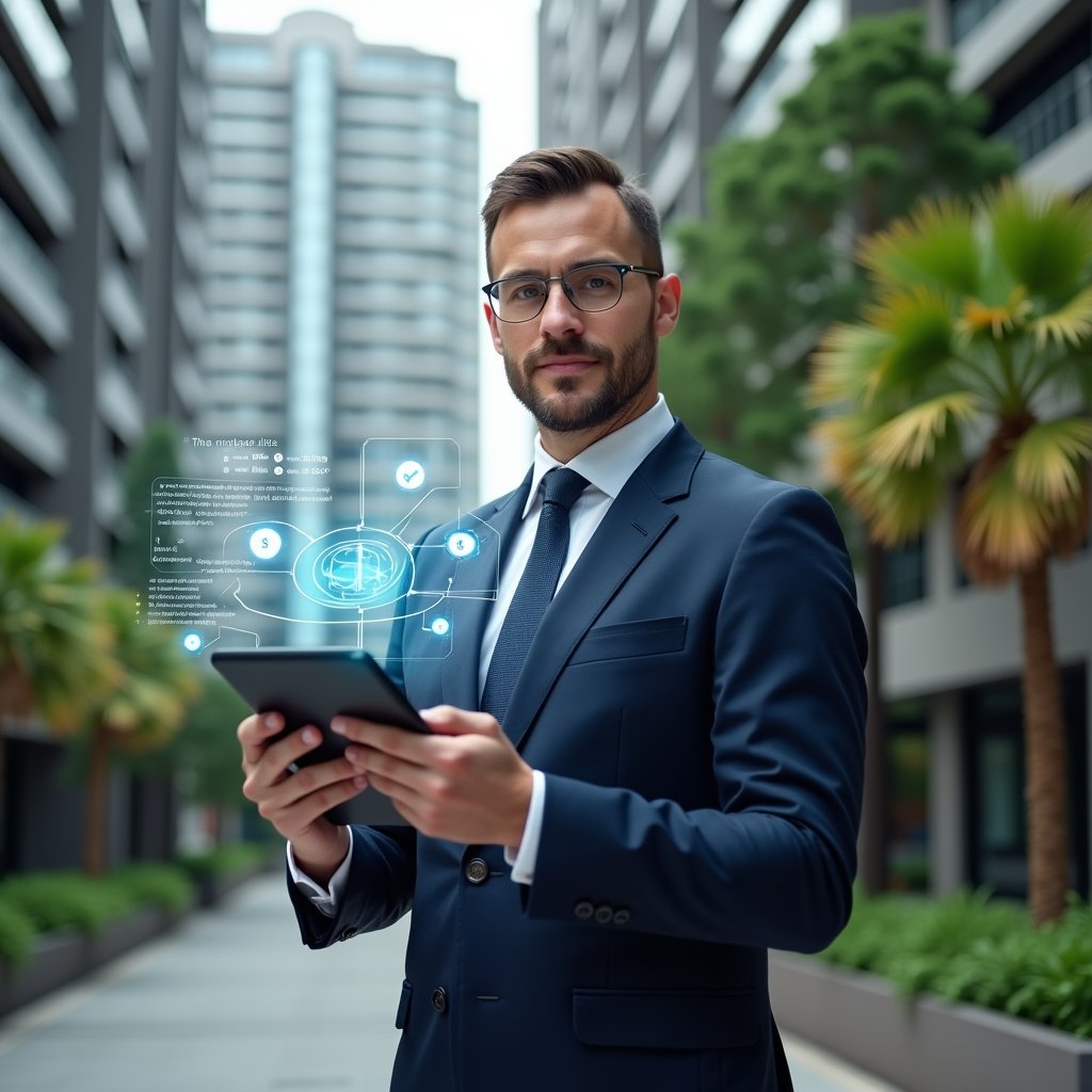 Ultra-realistic condominium manager in a navy executive suit, set in a modern luxury condominium environment with high-rise buildings and lush green landscaping, mid shot of a confident professional holding a digital tablet displaying holographic icons of rules, notifications and flowcharts, subtle holographic overlay of “8 steps” numbered markers floating beside, cinematic lighting, shallow depth of field, highly detailed textures, realistic skin, photographic realism, 8k resolution --ar 1:1 --v 6