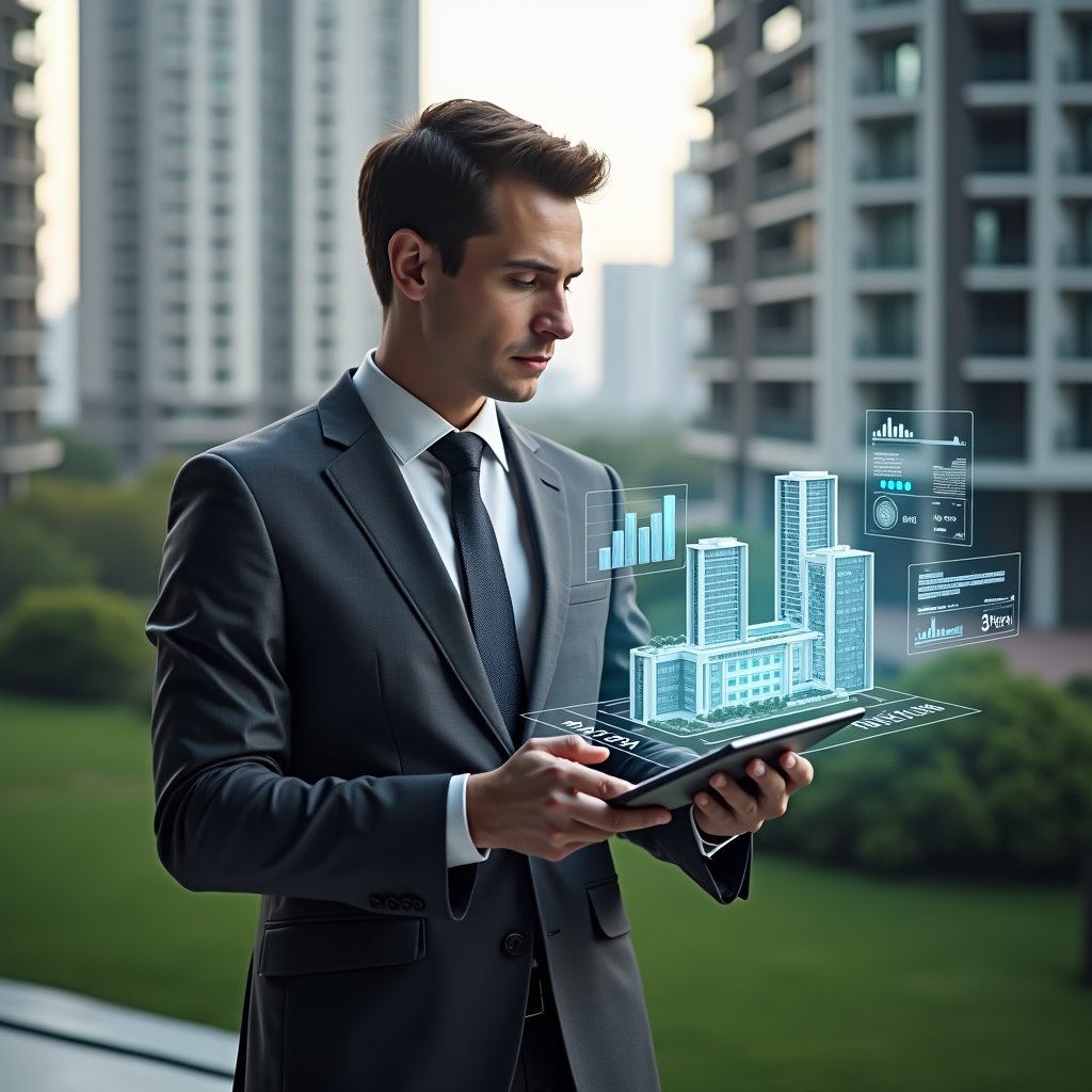 (Ultra-realistic condominium manager in a charcoal gray tailored suit, set in a modern luxury condominium environment with high-rise buildings and manicured green landscaping, holding a digital tablet with a holographic floor plan projection, confidently analyzing data, a floating icon of a building key and financial chart holograms beside them, cinematic lighting, shallow depth of field, highly detailed textures, realistic skin, photographic realism, 8k resolution --ar 1:1 --v 6)