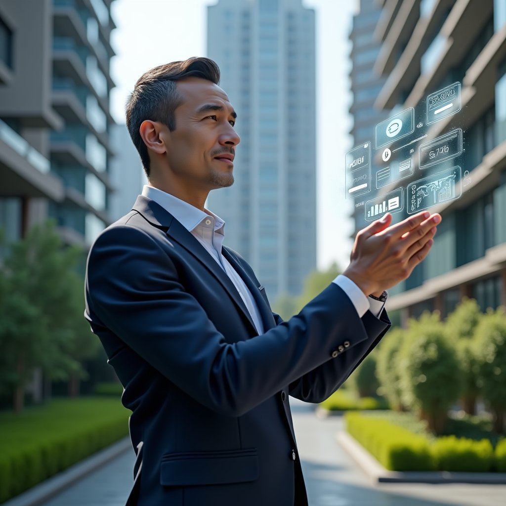 (Ultra-realistic condominium manager in a navy executive suit, set in a modern luxury condominium environment with high-rise buildings and meticulously manicured green landscaping, confidently interacting with a floating holographic interface displaying app icons for chat, reservations, and analytics, futuristic digital widgets highlighting “2026 trends” levitating around, cinematic lighting, shallow depth of field, highly detailed textures, realistic skin, photographic realism, 8k resolution --ar 1:1 --v 6)