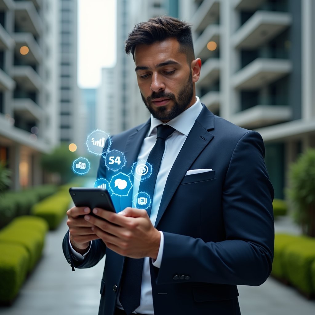 (Ultra-realistic condominium manager in a tailored navy suit, set in a modern luxury condominium environment with high-rise buildings and manicured green landscaping, holding a smartphone displaying floating holographic icons of financial charts, calendar bookings and chat bubbles to illustrate an aplicativo para condomínio, confident and focused expression, cinematic lighting, shallow depth of field, highly detailed textures, realistic skin, photographic realism, 8k resolution --ar 1:1 --v 6)