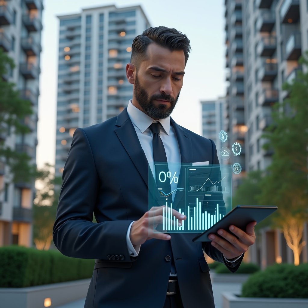(Ultra-realistic property manager in a tailored navy suit, set in a modern luxury condominium environment with high-rise buildings and meticulously landscaped greenery, holding a tablet displaying holographic financial charts showing a 30% cost reduction, confident expression as they analyze data, subtle floating icons of gears and currency symbols around the device, cinematic lighting, shallow depth of field, highly detailed textures, realistic skin, photographic realism, 8k resolution --ar 1:1 --v 6)