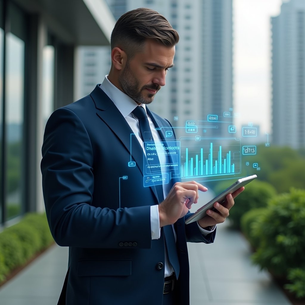 Ultra-realistic condominium manager in a navy blue executive suit, set in a modern luxury condominium environment with high-rise buildings and lush green landscaping, holding a tablet displaying a holographic dashboard of financial charts and chat icons, confidently analyzing data to optimize operations, futuristic app interface elements floating around, cinematic lighting, shallow depth of field, highly detailed textures, realistic skin, photographic realism, 8k resolution --ar 1:1 --v 6