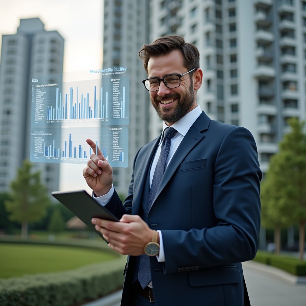 Ultra-realistic property manager in a navy blue suit, set in a modern luxury condominium environment with high-rise buildings and meticulously landscaped greenery, holding a tablet and pointing at floating holographic charts showing ordinary and extraordinary expense categories, confident expression, cinematic lighting, shallow depth of field, highly detailed textures, realistic skin, photographic realism, 8k resolution --ar 1:1 --v 6