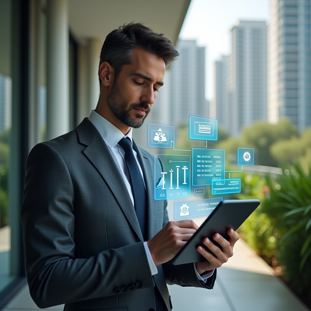 Ultra-realistic condominium manager in a charcoal gray suit, set in a modern luxury condominium environment with high-rise buildings and lush green landscaping, holding a tablet displaying holographic payment charts and automated billing notifications, confident and focused expression, floating icons of bills and digital alerts around, cinematic lighting, shallow depth of field, highly detailed textures, realistic skin, photographic realism, 8k resolution --ar 1:1 --v 6