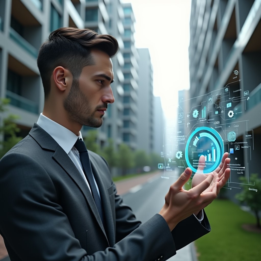 (Ultra-realistic property manager in a charcoal gray executive suit, set in a modern luxury condominium environment with high-rise buildings and pristine green landscaping, close-up shot of a confident professional analyzing a holographic financial dashboard, floating icons of graphs, gears and a clock symbolizing automated reporting, cinematic lighting, shallow depth of field, highly detailed textures, realistic skin, photographic realism, 8k resolution --ar 1:1 --v 6)