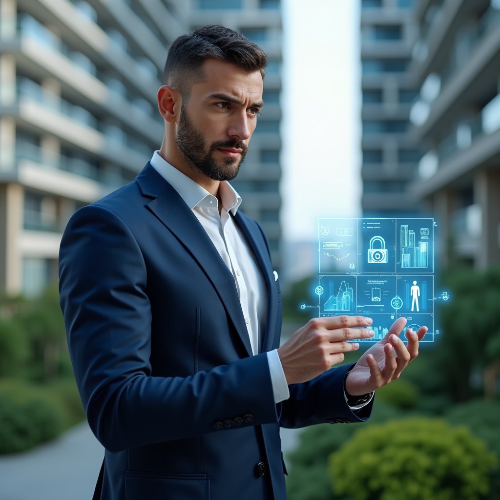 (Ultra-realistic condominium manager in a navy blue executive suit, set in a modern luxury condominium environment with high-rise buildings and lush green landscaping, analyzing a holographic digital dashboard displaying condominium management icons—financial charts, security locks and reservation calendars—confident expression, cinematic lighting, shallow depth of field, highly detailed textures, realistic skin, photographic realism, 8k resolution --ar 1:1 --v 6)
