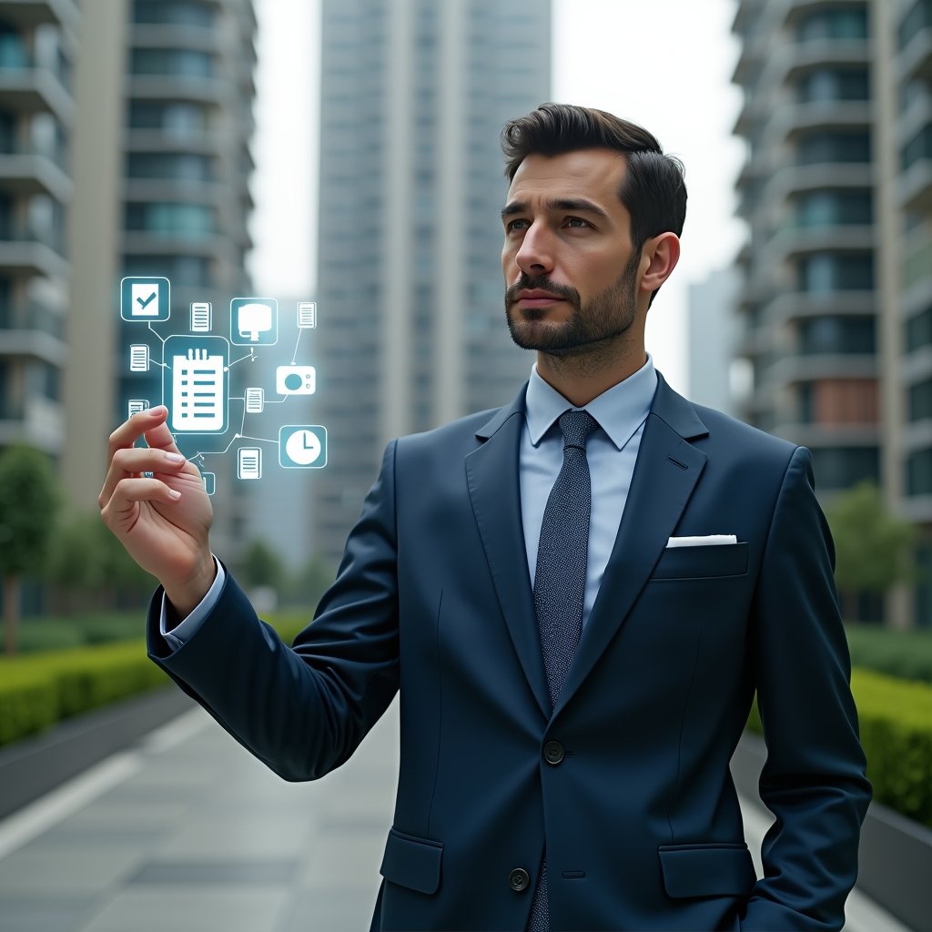 Ultra-realistic condo manager in a tailored navy suit, set in a modern luxury condominium environment with high-rise buildings and green landscaping, medium shot of a confident professional marking off a holographic checklist with floating icons of calendar, document and gear, cinematic lighting, shallow depth of field, highly detailed textures, realistic skin, photographic realism, 8k resolution --ar 1:1 --v 6