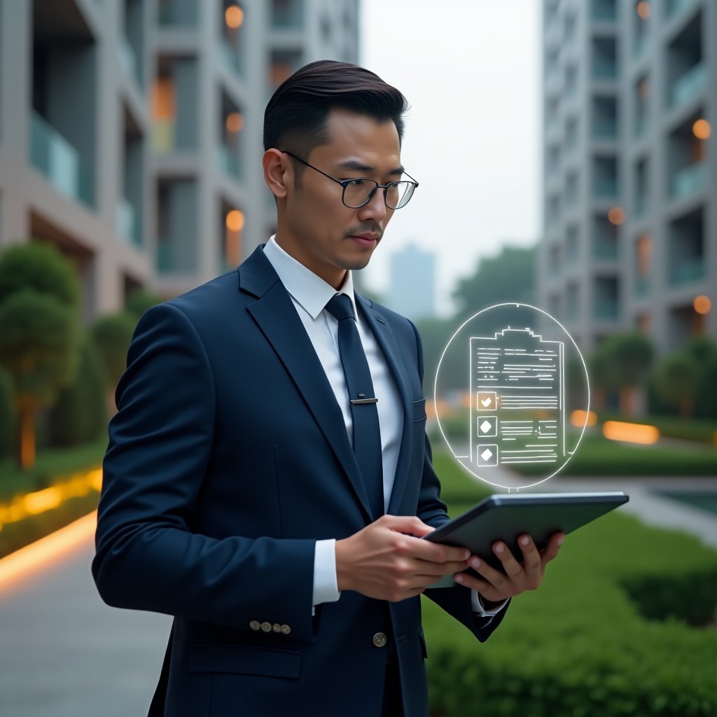 Ultra-realistic condominium manager in a navy executive suit, set in a modern luxury condominium environment with high-rise buildings and meticulously landscaped greenery, holding a digital tablet and interacting with a holographic checklist and app icons, confident and focused expression, cinematic lighting, shallow depth of field, highly detailed textures, realistic skin, photographic realism, 8k resolution --ar 1:1 --v 6