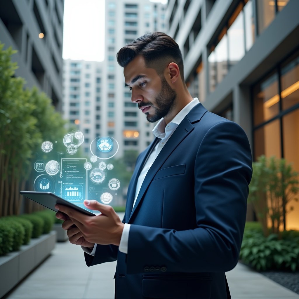 (Ultra-realistic condominium manager in a tailored navy-blue suit, set in a modern luxury condominium environment with high-rise buildings and meticulously landscaped greenery, mid-shot holding a sleek tablet displaying a floating holographic expenses checklist with icons of coins, charts, and calendar markers, confidently analyzing financial data with a focused expression, cinematic lighting, shallow depth of field, highly detailed textures, realistic skin, photographic realism, 8k resolution --ar 1:1 --v 6)