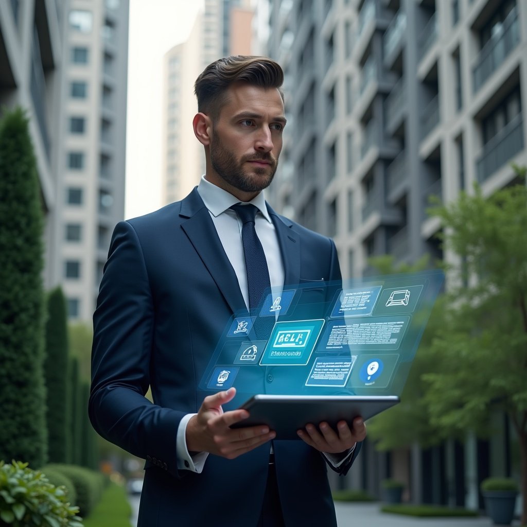 (Ultra-realistic condominium manager in a tailored dark blue suit, set in a modern luxury condominium environment with high-rise buildings and lush green landscaping, holding a digital tablet displaying a holographic checklist and calendar interface, floating icons of maintenance tools and meeting symbols around, confident and focused expression, cinematic lighting, shallow depth of field, highly detailed textures, realistic skin, photographic realism, 8k resolution --ar 1:1 --v 6)