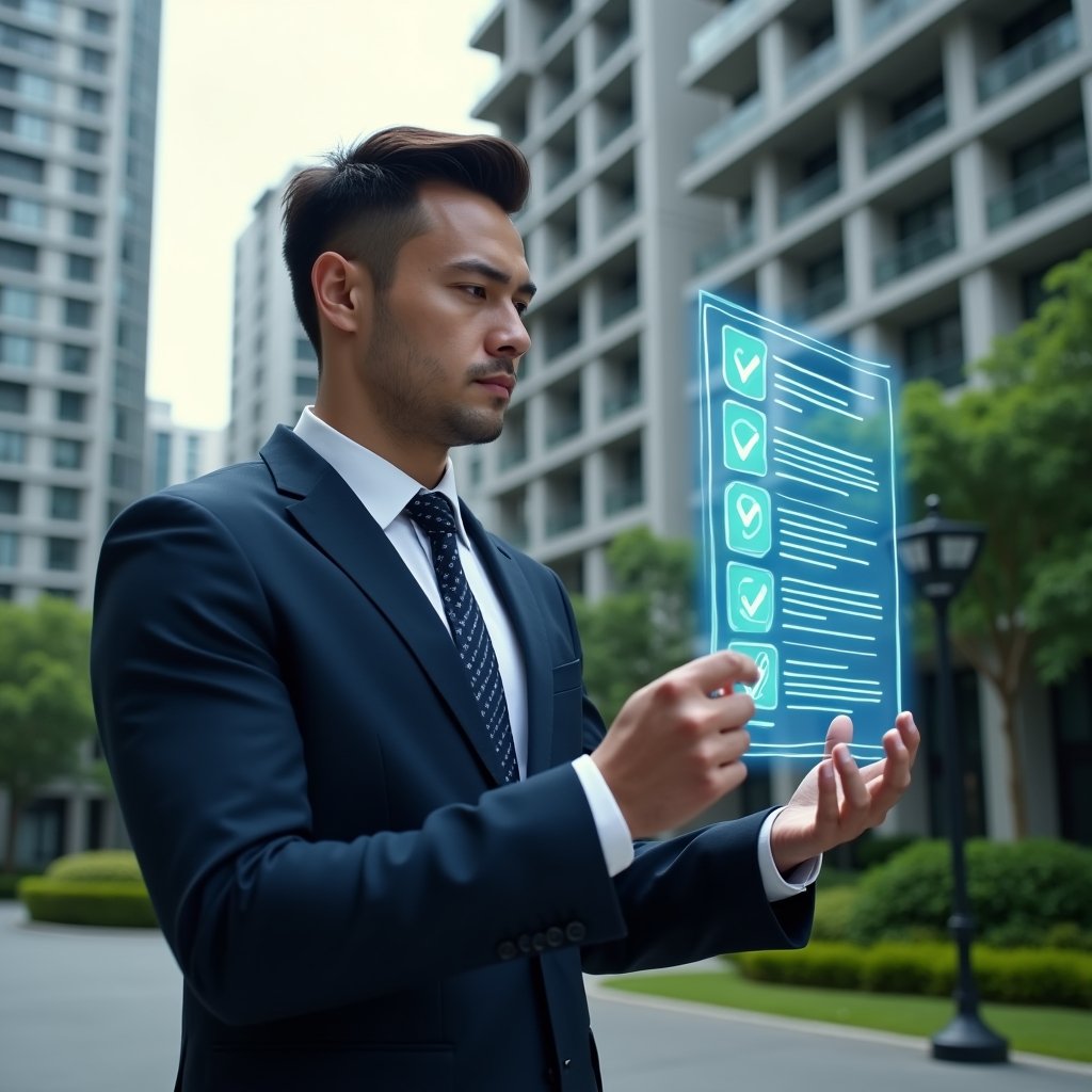(Ultra-realistic professional condominium manager in a tailored navy suit, set in a modern luxury condominium environment with high-rise buildings and manicured green landscaping, holding a transparent holographic checklist displaying icons of invoices and calendar markers as he thoughtfully reviews routine expenses, cinematic lighting, shallow depth of field, highly detailed textures, realistic skin, photographic realism, 8k resolution --ar 1:1 --v 6)