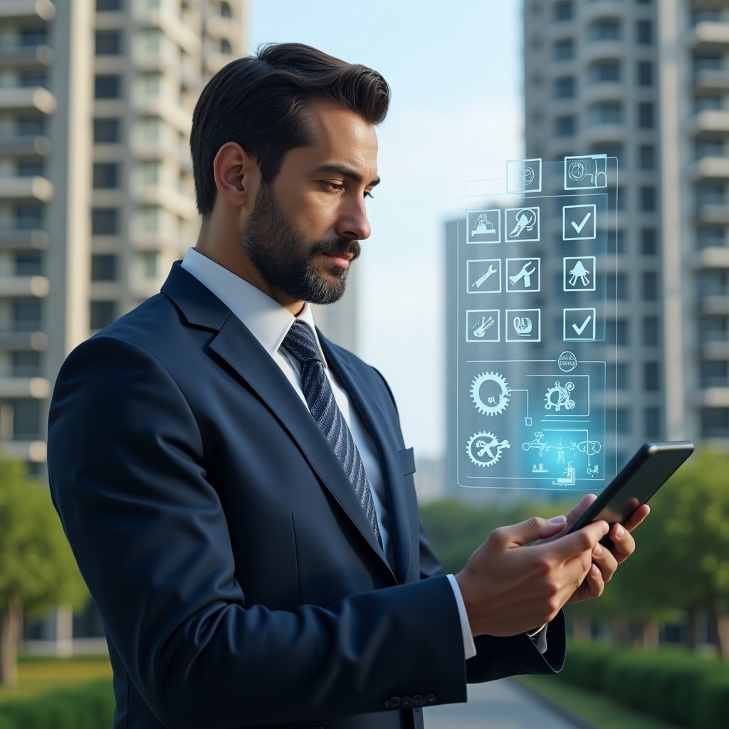 (Ultra-realistic building manager in a navy executive suit, set in a modern luxury condominium environment with high-rise residential towers and meticulously landscaped greenery, medium shot holding a tablet projecting a holographic maintenance checklist with tool and gear icons floating around, focused and confident expression, cinematic lighting, shallow depth of field, highly detailed textures, realistic skin, photographic realism, 8k resolution --ar 1:1 --v 6)
