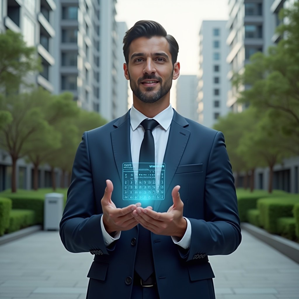 Ultra-realistic condominium manager in a tailored navy suit, set in a modern luxury condominium environment with high-rise buildings and meticulously landscaped greenery, holding a futuristic holographic checklist and tapping a digital calendar interface, confident and focused expression, cinematic lighting, shallow depth of field, highly detailed textures, realistic skin, photographic realism, 8k resolution --ar 1:1 --v 6