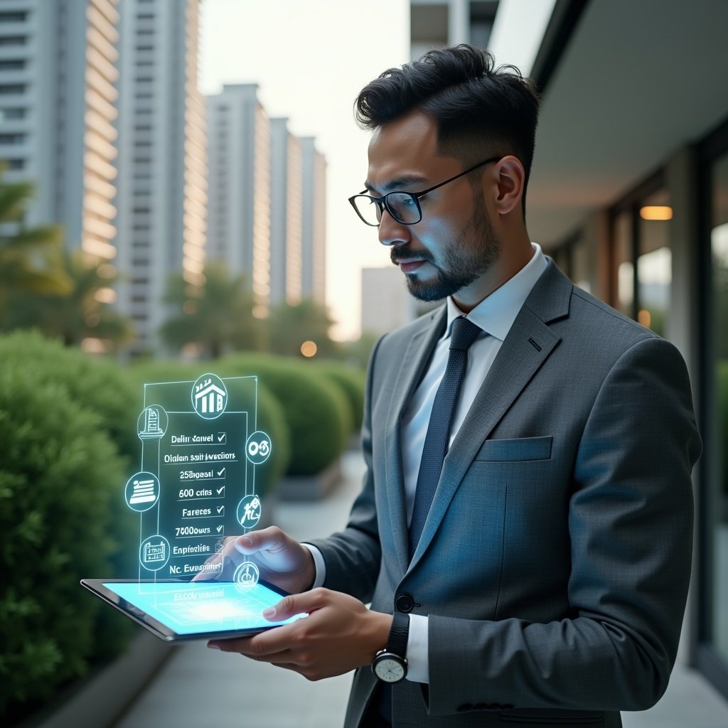 (Ultra-realistic condominium manager in a tailored gray suit, set in a modern luxury condominium environment with high-rise buildings and lush green landscaping, holding a digital tablet displaying a holographic checklist of ordinary and extraordinary expenses, surrounded by floating icons of invoices and coins, confidently reviewing financial data, cinematic lighting, shallow depth of field, highly detailed textures, realistic skin, photographic realism, 8k resolution --ar 1:1 --v 6)