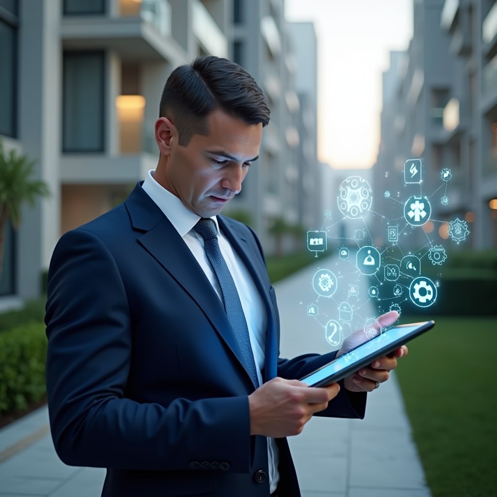 Ultra-realistic condominium manager in a navy blue suit, set in a modern luxury condominium environment with high-rise buildings and green landscaping, inspecting a holographic maintenance checklist projected from a tablet, surrounded by floating icons of gears, wrenches, and warning symbols, confident and focused expression, cinematic lighting, shallow depth of field, highly detailed textures, realistic skin, photographic realism, 8k resolution --ar 1:1 --v 6
