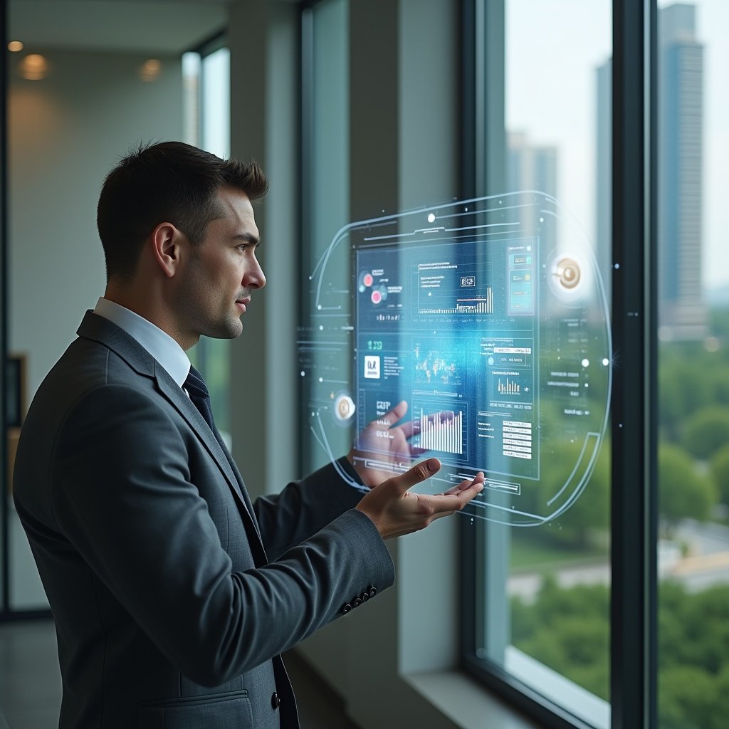 Ultra-realistic condominium manager in a charcoal gray suit, set in a modern luxury condominium environment with high-rise buildings and manicured green landscaping visible through glass walls, medium shot of a confident professional reviewing a floating holographic financial dashboard with charts and balance sheets, holographic icons of coins and ledgers orbiting around, cinematic lighting, shallow depth of field, highly detailed textures, realistic skin, photographic realism, 8k resolution --ar 1:1 --v 6