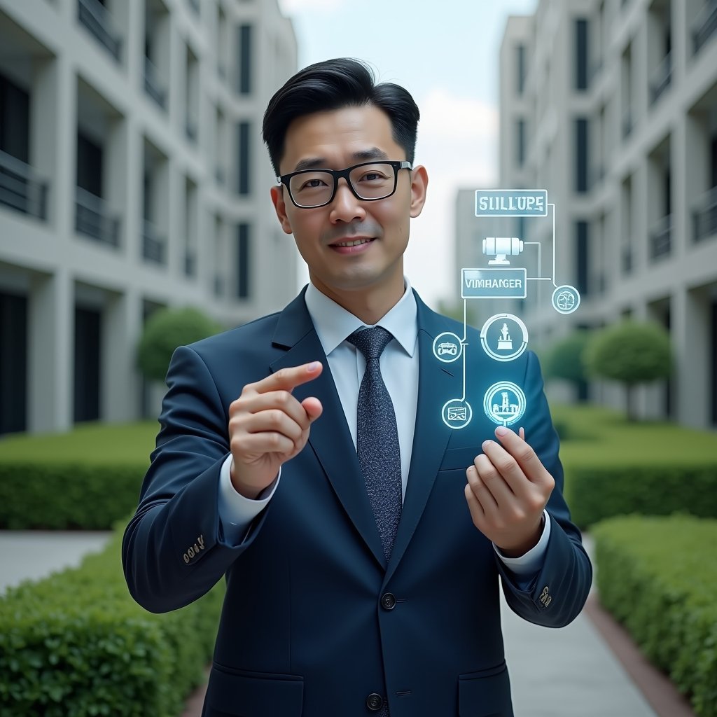 (Ultra-realistic condominium manager in a navy executive suit, set in a modern luxury condominium environment with high-rise buildings and manicured green landscaping, pointing at a holographic timeline checklist of maintenance, assemblies and inspections, floating icons of calendar, tools and gavel, confident and focused expression, cinematic lighting, shallow depth of field, highly detailed textures, realistic skin, photographic realism, 8k resolution --ar 1:1 --v 6)